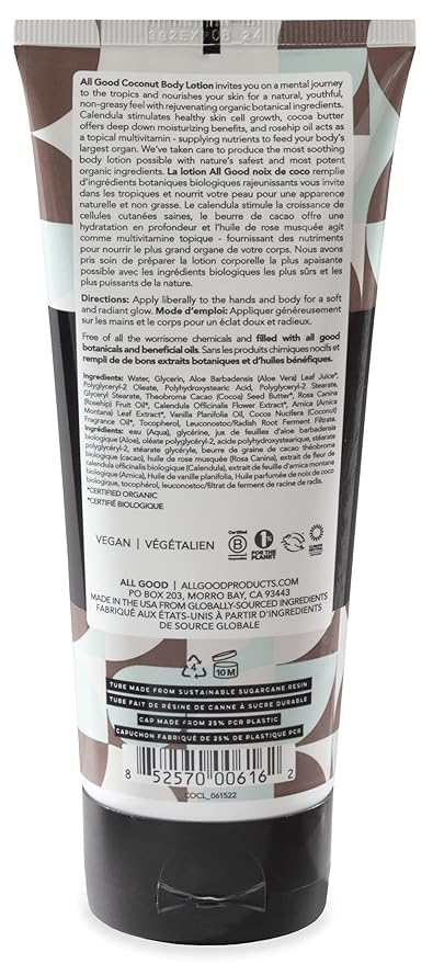 All Good Hand & Body Lotion - Moisturizing Organic Lotion for Dry Skin, Hands & Body - Essential Oils, Calendula, Cocoa Butter - Non-Greasy Body Butter, 6 fl oz (Coconut)
