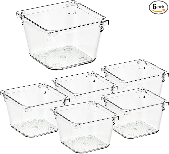 Ravinte 6 Pack Drawer Organizer - 3" X 3" Plastic Storage Bins, Acrylic Organizers with Non-Slip Pads Clear Desk Storage Tray for Makeup, Jewelries, Kitchen Utensils, Bathroom and Office