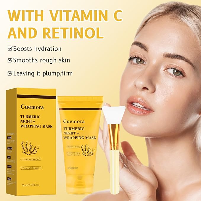 Turmeric Overnight Mask, Peel off Face Mask, Bio-Collagen Real Deep Mask, Turmeric Night Wrapping, Vitamin C, Gentle Cleansing, Moisturizing, Nourishing (with Brush)