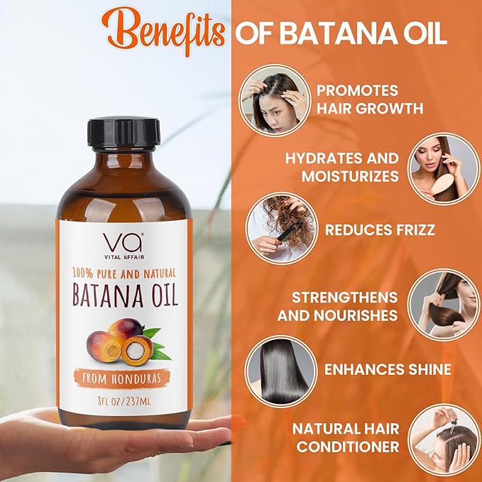 VITAL AFFAIR Batana Oil For Hair Growth-100% Raw Batana Oil From Honduras-Glass Bottle-Skin Hair Oil Rich In Essential Nutrients-Batana Hair Oil For Women & Men-For Strong & Shiny Hair-8 FlOz