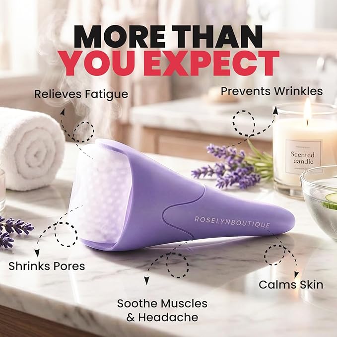 ROSELYNBOUTIQUE Ice Roller for Face & Gua Sha Facial Tools for Wrinkles Fine Lines Puffiness - Facial Massager Skin Care Tools Self Care Gifts for Men Women (Purple)