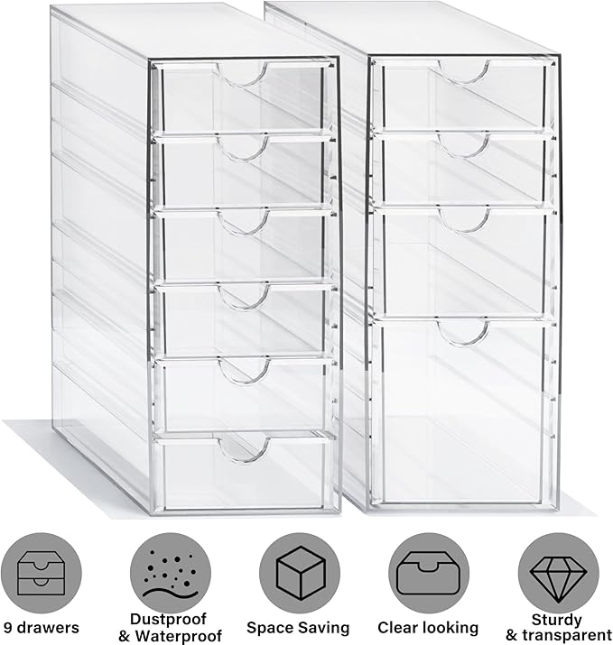 Prsildan Acrylic Drawer Makeup Organizer with 10 Drawers, Set of 2 Office Desk Organizers Accessories, Clear Stackable Storage Drawers for Vanity, Countertop, Craft, Jewelry, Art Supply Organization
