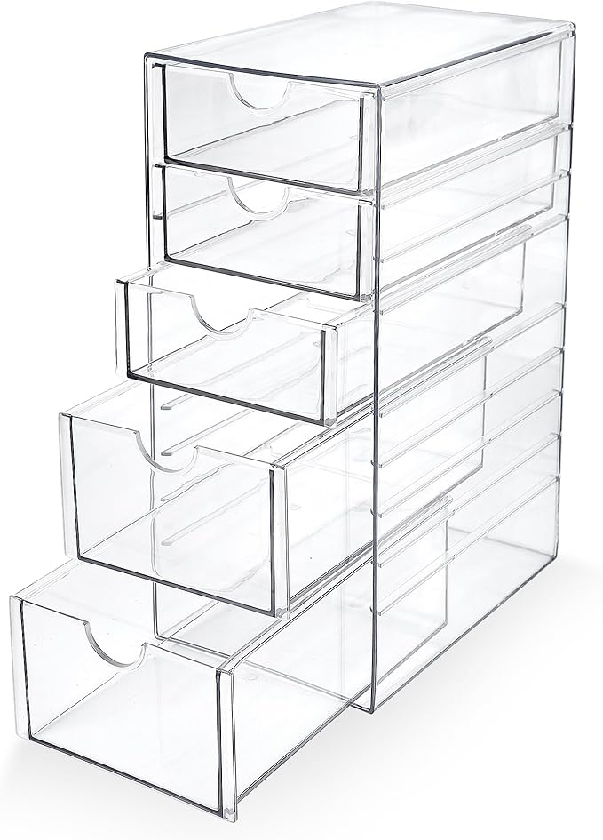 Prsildan Acrylic Drawer Makeup Organizer with 5 Drawers, Hair Accessories Organizer, Office Desk Organization, Clear Stackable Storage Drawers for Vanity, Countertop, Craft, Jewelry