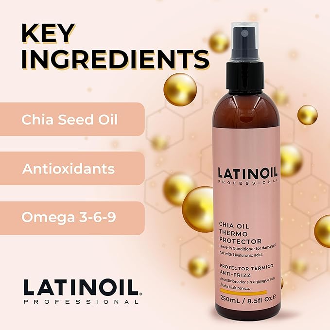 LATINOIL Chia Oil Heat Protectant Spray For Hair - Hair Thermal Protection Shield From Heat - Leave In Conditioner - Anti Frizz Moisturizer (8 Oz)