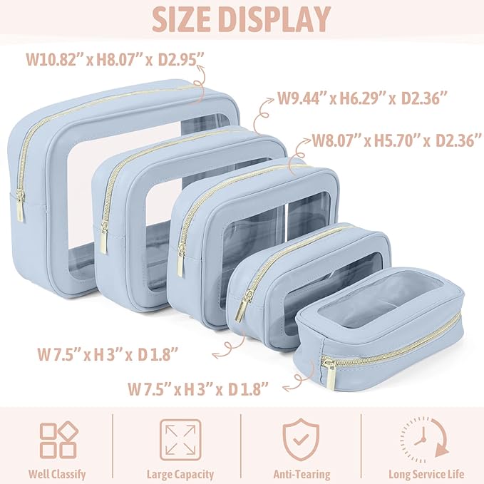 YOPCDJ 5PCS Clear Toiletry Bag,TSA Approved Travel Makeup Pouch with Zipper for Cosmetics and Toiletries，Diaper Bag Organizer Pouch Set，Women's Purse Organizer and Clear Car Bag