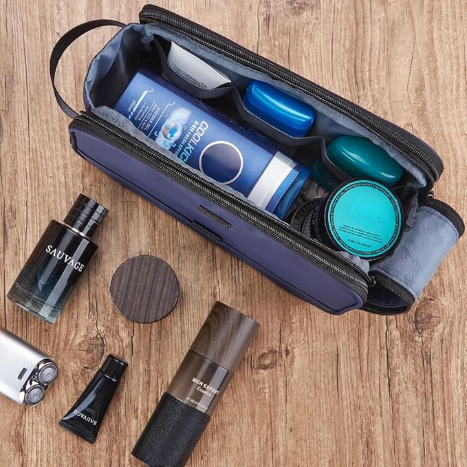 ZEEMO Travel Toiletry Bag for Men, Medium Water-Resistant Double-Sided Full-Open Dopp Kit, Versatile Organizer for Shower and Hygiene Accessories, Bathroom Essentials, Cosmetics, Blue