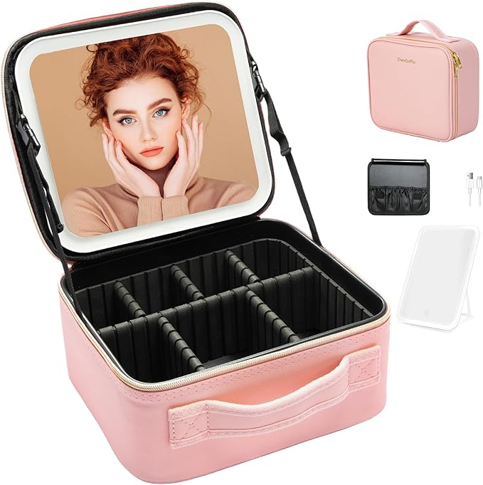 ZhenGuiRu Travel Makeup Bag with LED Mirror – Waterproof Cosmetic Train Case with Adjustable Dividers, Portable Makeup Organizer and Toiletry Bag for Women, Teens & Girls Gift, Pink