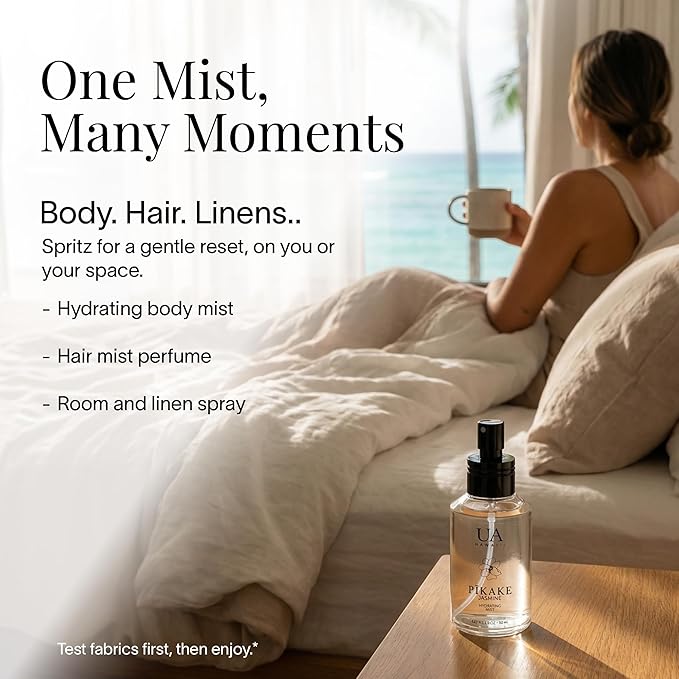 Pikake Body and Hair Mist from Hawaii, Hair Perfume for a Light, Hydrating Refresh, Body Mist for Women and Men, Alcohol-Free, With Moisturizing Hyaluronic Acid & Glycerin, Glass Bottle, 3.4 oz