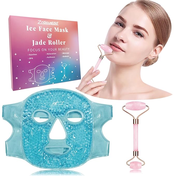 ZNÖCUETÖD Ice Face Facial Jade Roller and Ice Face Mask Cold Cooling Gel Mask Gift Set for Women Aging Wrinkles Lifting Firming Puffy Eyes, Eye Face Neck Roller Massager SPA Tools