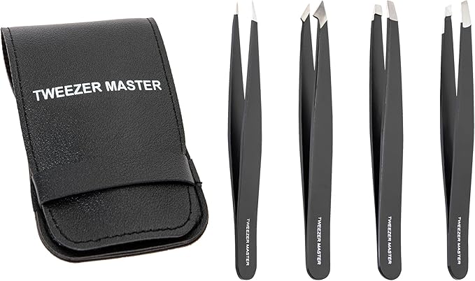– Professional Tweezer Set [Black] – Stainless Steel Slant & Pointed Tips for Eyebrow & Facial Hair Removal – Rust-Resistant Grooming Tool with Travel Case