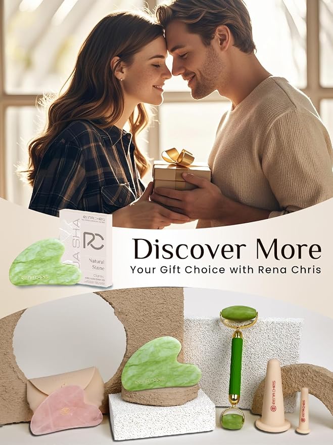 Rena Chris Gua Sha Facial Tools, Jade Guasha Tool for Acupuncture, Manual Massage Tool for Jawline Sculpting and Puffiness Reducing, Gua Sha Facial Massage Tool, Skin-Care Gift (Green)