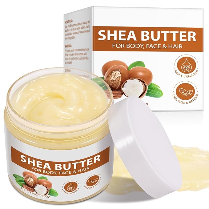 Pure Organic Shea Butter Raw, Unrefined Body & Face Butter - 100% Natural Vitamin A, E & F - Long-Lasting Hydration for Dry Skin, Hair Care, 7.8 oz