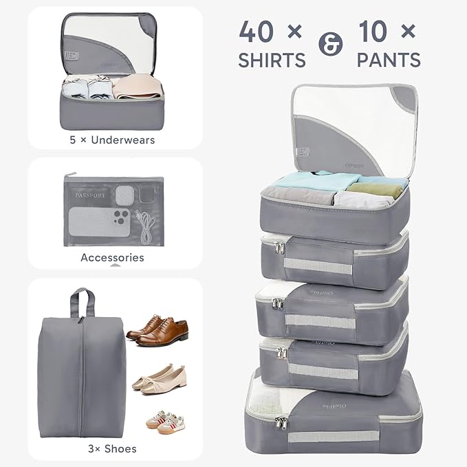 ALL INCLUDED 10 Set Durable Packing Cubes for Suitcases,OlarHike Essentials for Travel,UPGRADED Anti-Tear Stitching, NEW Improved Luggage Packing Organizers for Travel Accessories (Ash)
