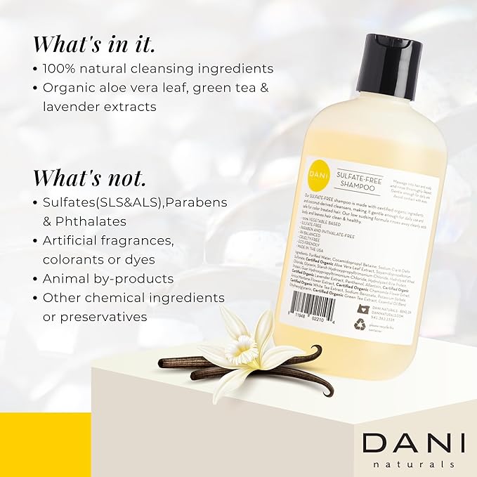 DANI Naturals Shampoo with Sandalwood Vanilla Scent promotes hair thickening, strengthens follicles, and supports hair re-growth. Sulfate-free, nourishing, and soothing