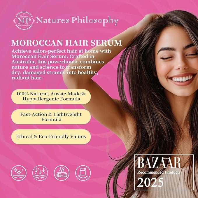 NP NATURES PHILOSOPHY Moroccan Argan Oil - Hair Serum Organic Essential Oil, Anti-Frizz, Repairs Damaged Hair, Adds Shine for All Hair Types Aussie Allergy-Free Moroccan Oil Hair Products 1.69 Fl oz