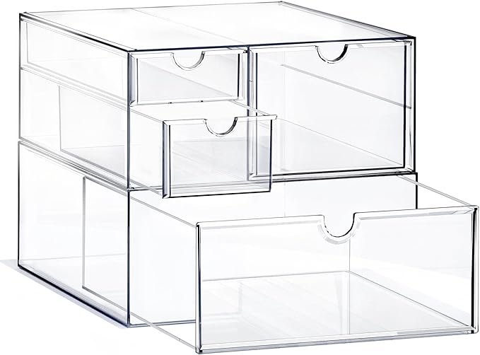 Prsildan Acrylic Drawer Makeup Organizer with 4 Drawers, Set of 2 Office Desk Organizers Accessories, Clear Stackable Storage Drawers for Vanity, Countertop, Craft, Jewelry, Art Supply Organization