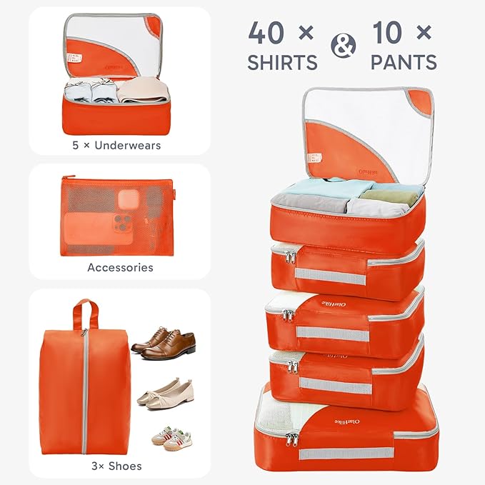 ALL INCLUDED 10 Set Durable Packing Cubes for Suitcases,OlarHike Essentials for Travel,UPGRADED Anti-Tear Stitching, NEW Improved Luggage Packing Organizers for Travel Accessories,Orange