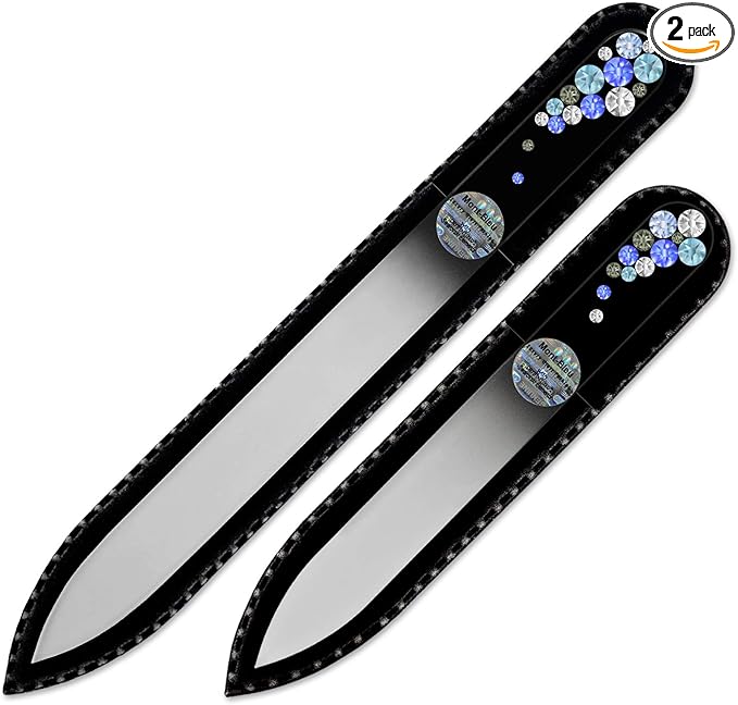 Mont Bleu Premium Set of 2 Glass Nail Files Hand Decorated with Crystals - in Black Velvet Sleeve - Genuine Czech Tempered Glass - Mothers Day Gifts - Fingernail File for Natural Nails