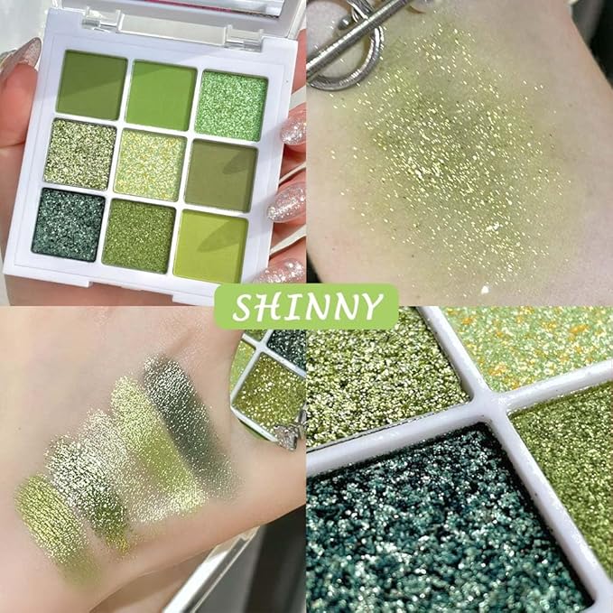 AMY'S DIARY Light Bright Green Glitter Shimmer Eye Shadow Makeup Palette 9 Colors, Emerald Dark Avocado Neon Green Highly Pigmented Matte Glitter Shimmer Pearl Waterproof for woman