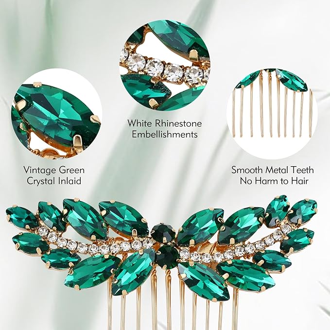 inSowni 7 Pieces Vintage Proms Bridal Wedding Glitter Green Rhinestone Crystal Gold Metal Hair Side Combs Slides U-shaped Hair Pins Accessories for Women Flower Girls Brides Bridesmaids