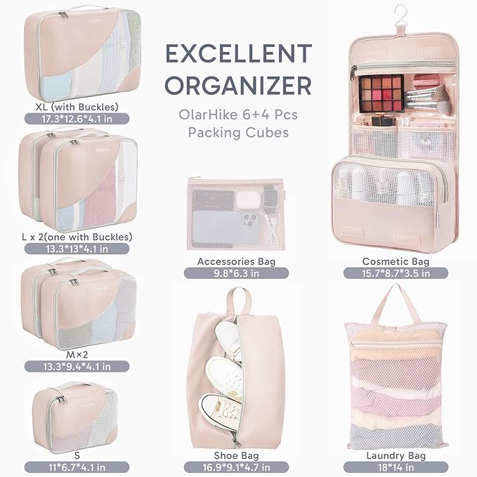 OlarHike ALL INCLUDED 10 Set Durable Packing Cubes for Travel,Gifts for Women Mom Men,Luggage & Suitcase Organizers with Toiletry Bag,Vacation Essentials for Cruise & Plane,Beach Accessories,Beige
