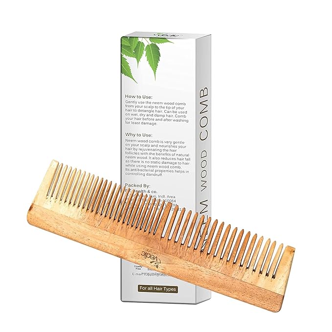 Vedic Naturals 100% Pure & Natural Neem Wood Comb | Promotes Hair Growth, Reduces Hair Fall & Control Dandruff | Wide & Thin Teeth
