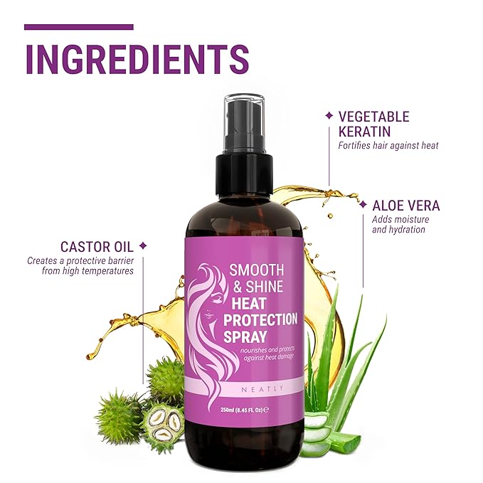 NEATLY Leave-In Keratin Heat Protectant Spray for Hair for Dry, Damaged, Frizzy Hair - Nourishing Formula, Frizz Control, Humidity Shield - No Parabens, Sulfates or Phthalates, 8.5 Oz