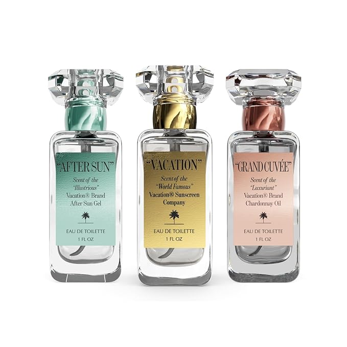 Vacation Eau De Toilette Trio, Signature Scents of "VACATION", "AFTER SUN" & "GRAND CUVÉE", Coconut, Aloe Vera, Argan, Amber & Summer Fragrances, Unisex Perfume Gift Set, 3 x 1 fl oz