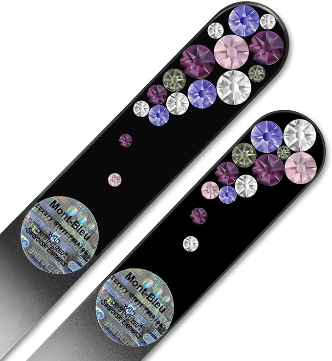 Mont Bleu Premium Set of 2 Crystal Nail Files Hand Decorated with Crystals - in Black Velvet Sleeve - Genuine Czech Tempered Glass - Best Glass Nail Files Kit for Natural Nails