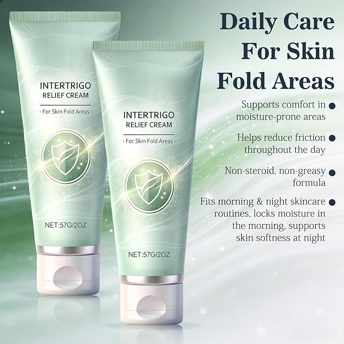 2Pcs Intertrigo Relief Cream, Skin Fold Barrier Cream for Moisture & Friction Protection, Fast-Drying Non-Greasy Formula for Friction-Prone Areas, 2 oz / 57g