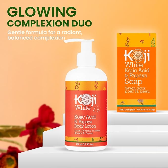 Koji White Kojic Acid & Papaya Body Lotion - Exfoliating, Hydrating, Moisturizing, Skin Care for Sun-Damaged Skin, Vegan, Paraben-Free, 8.45 Fl Oz (1 Bottle)
