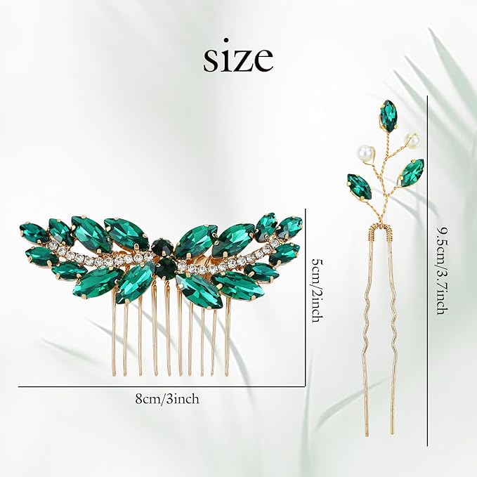 inSowni 7 Pieces Vintage Proms Bridal Wedding Glitter Green Rhinestone Crystal Gold Metal Hair Side Combs Slides U-shaped Hair Pins Accessories for Women Flower Girls Brides Bridesmaids