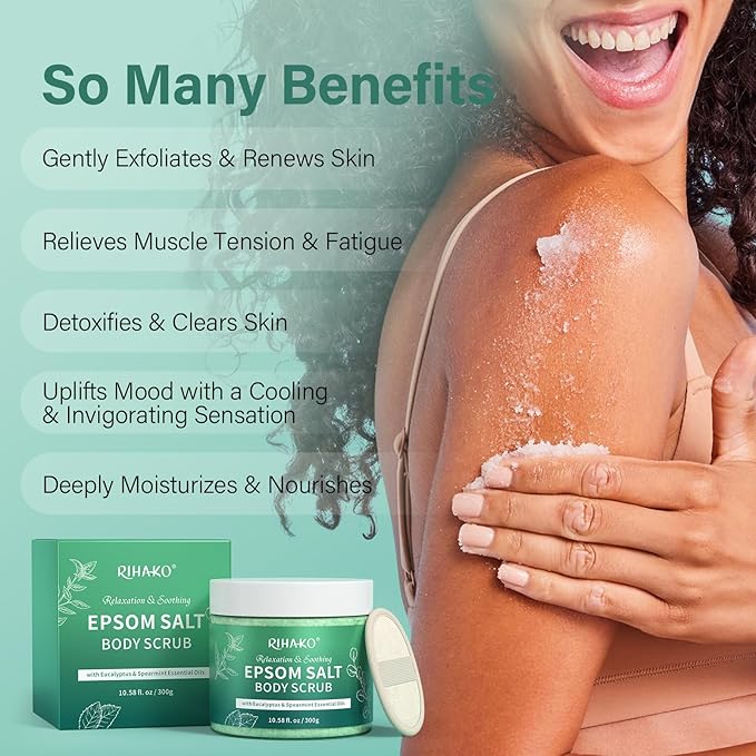 Eucalyptus Epsom Salt Body Scrub,Exfoliating detox body scrub,Relax & Relief with Eucalyptus & Spearmint Essential Oils, Deeply Nourishes for Smooth, Radiant Skin–Valentine’s Day Gift for Her/Him