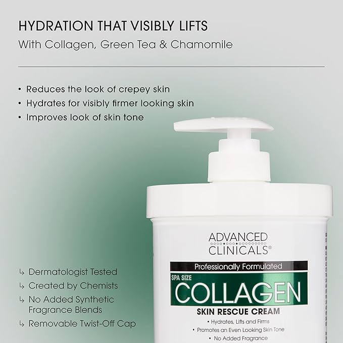 Advanced Clinicals Collagen Cream Body Lotion & Face Moisturizer | Skincare Anti Aging Collagen Lotion For Women, Men, Hand, & Neck Improves Look Of Crepe Skin & Uneven Dry Skin, 16Oz + Travel Size