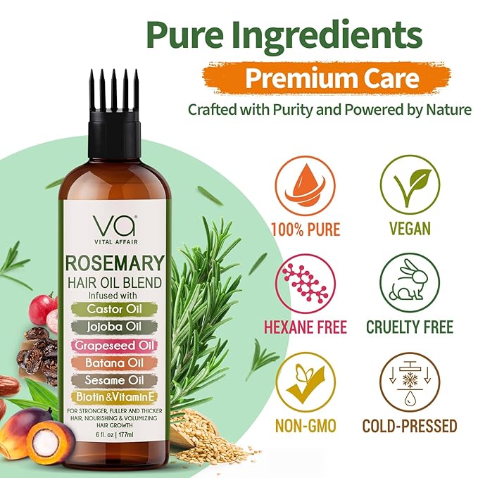 VITAL AFFAIR Blend Of Pure Rosemary Oil For Hair Growth With Castor, Batana, Jojoba Oil-Infused With Biotin & Vitamin E-Blend of Effective Hair Oils for Hair Growth-Strengthening Treatment 6 Fl Oz