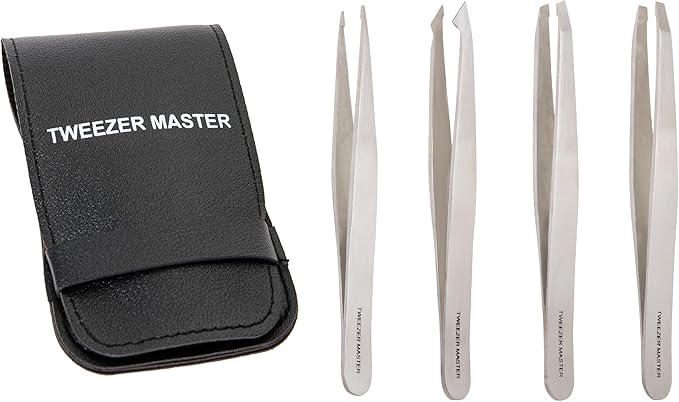 – Professional Tweezer Set [Silver] – Stainless Steel Slant & Pointed Tips for Eyebrow & Facial Hair Removal – Rust-Resistant Grooming Tool with Travel Case