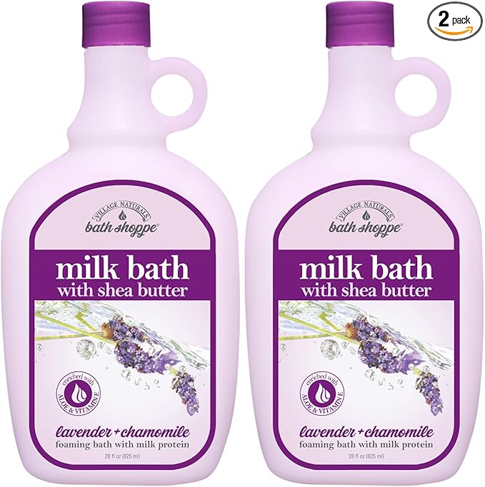 Village Naturals Bath Shoppe Moisturizing Lavender Chamomile Milk Bath - Hydrates Skin - Made with Shea Butter and Vitamin E (Pack of 2 Bottles, 28 fl oz Each)