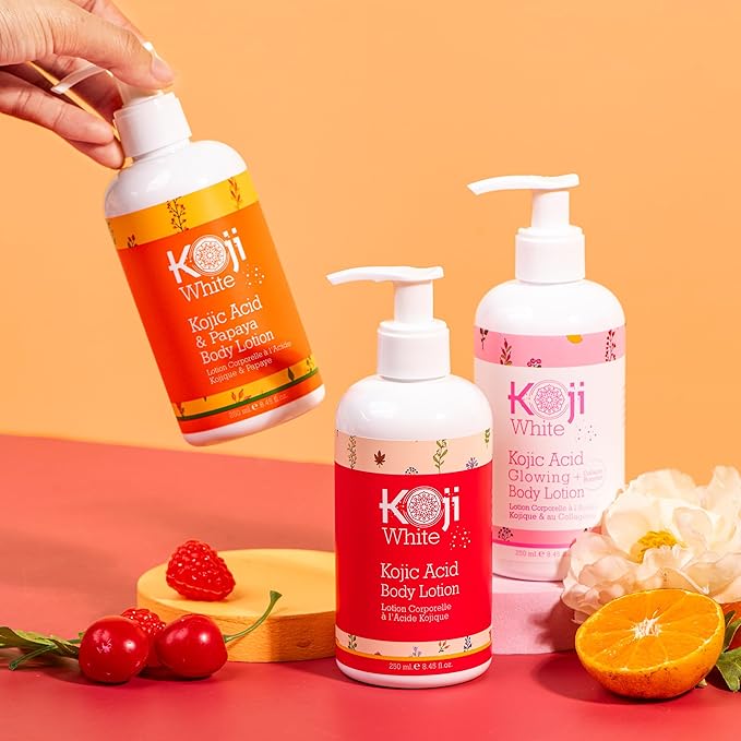 Koji White Kojic Acid & Papaya Body Lotion - Exfoliating, Hydrating, Moisturizing, Skin Care for Sun-Damaged Skin, Vegan, Paraben-Free, 8.45 Fl Oz (1 Bottle)