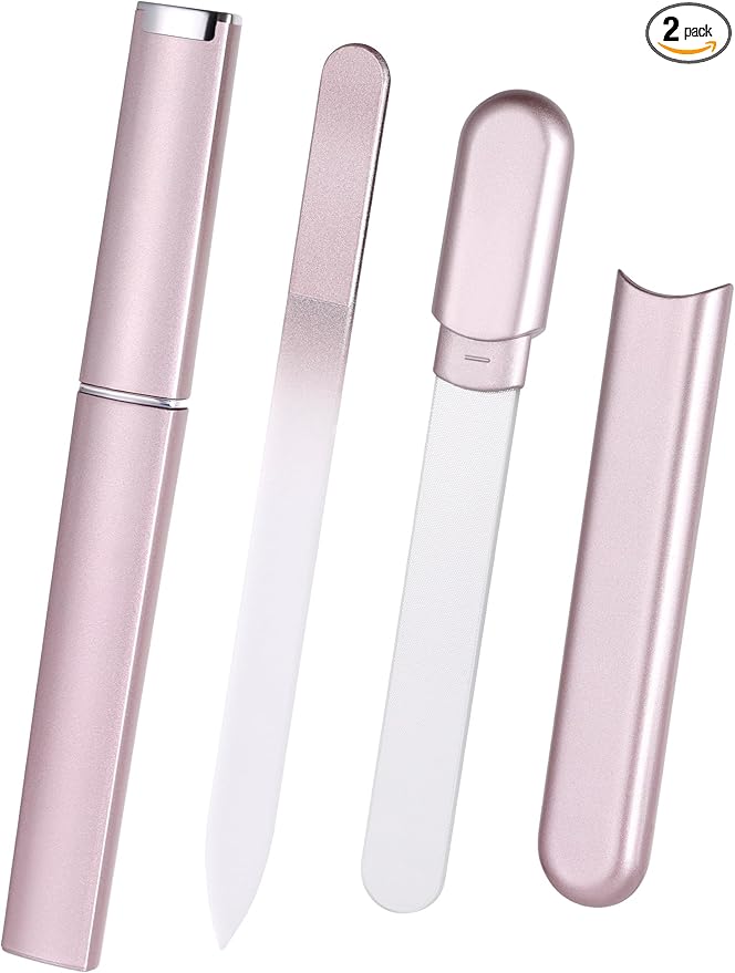 Glass Nail File and Buffer with Case, Crystal Fingernail Files for Natural Nails Nano Nail Shiner Polisher Care Kit for Travel Salon Stocking Stuffers for Women Girl Wife Gifts-Rose Gold