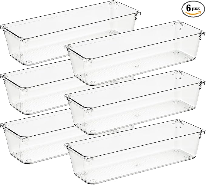 Ravinte 6 Pack Drawer Organizer - 3" X 9" Plastic Storage Bins, Acrylic Organizers with Non-Slip Pads Clear Desk Storage Tray for Makeup, Jewelries, Kitchen Utensils, Bathroom and Office