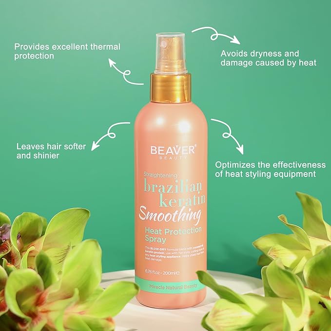 BEAVER Brazilian Keratin Heat Protection Spray, Keratin Smoothing Formula, Protects Against Heat Damage, Increases Smoothness, Shine and Softness, 6.76 fl.oz.