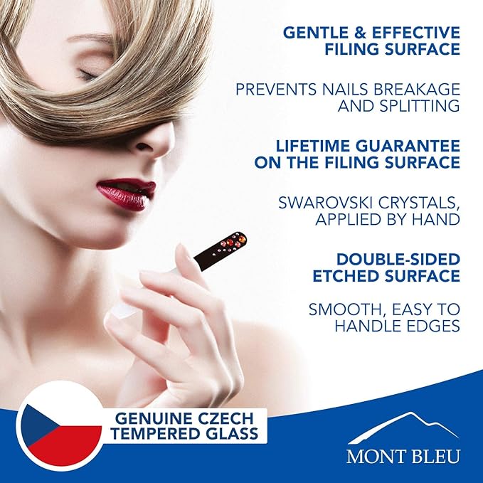 Mont Bleu Set of 2 Glass Nail Files Hand Decorated with Crystals - in Black Velvet Sleeve - Genuine Czech Tempered Glass - Gifts for her - Etched Glass Nail File for Nail Art & Nail Care