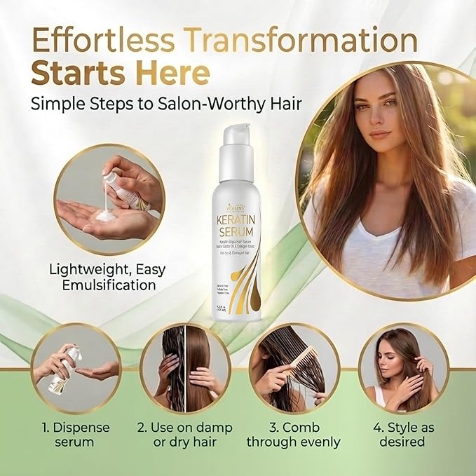 VITAMINS hair cosmetics Keratin Hair Serum Oil for Frizzy, Dry, Damaged Hair - Anti-Frizz Shine Gloss Treatment, Heat Protectant with Biotin, Castor Oil and Collagen - 4.25 fl oz