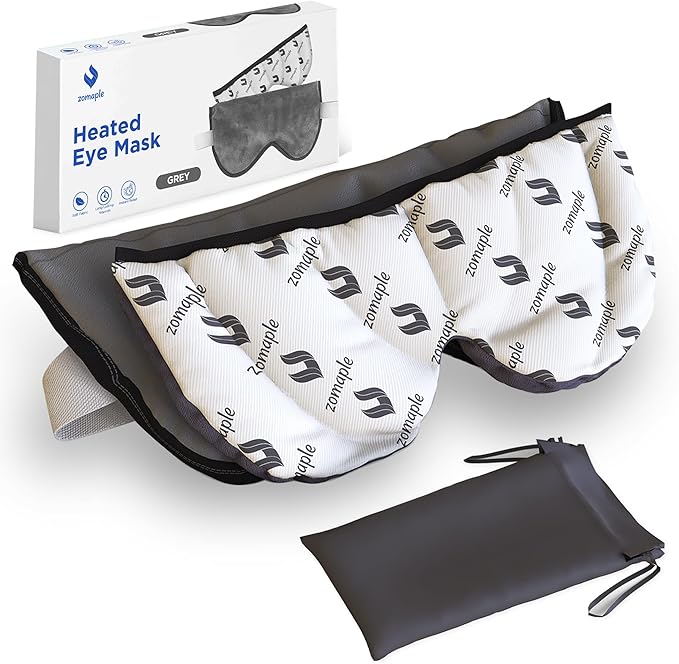 ZOMAPLE Heated Eye Mask, Grey – Soothing Moist Heat for Dry, Tired Eyes – Quick Microwave Prep, Adjustable Strap, Travel Pouch & Plush Washable Cover – Reusable, Cord-Free Warm Compress for Eyes