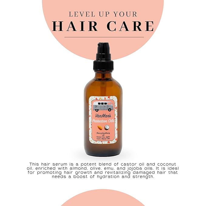 Vanman - Protection Oil Hair Serum for Growth - Infused with Castor, Jojoba, Almond, Olive, Emu, Coconut Oil - Fragrance-Free - for Dry and Frizzy Hair - 4 Ounce
