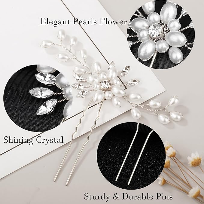 5 Pieces Wedding Hair Accessories: Pearl Crystal Rhinestone Hair Comb, Hair Pins for Brides, Bridesmaids, Women, Girls (Silver, Gold)