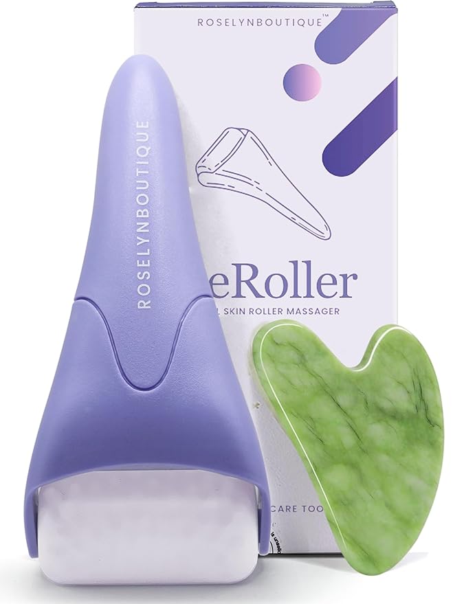 ROSELYNBOUTIQUE Ice Roller for Face & Gua Sha Facial Tools for Wrinkles Fine Lines Puffiness - Facial Massager Skin Care Tools Self Care Gifts for Men Women (Purple)
