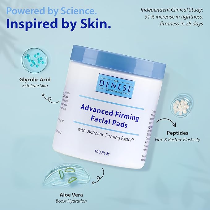 Dr. Denese SkinScience Advanced Firming Facial Pads 100 Count – Professional Exfoliator with Glycolic Acid, Peptides and Aloe for Smooth Radiant Skin, Refined Pores – Dermatologist Tested Cruelty Free