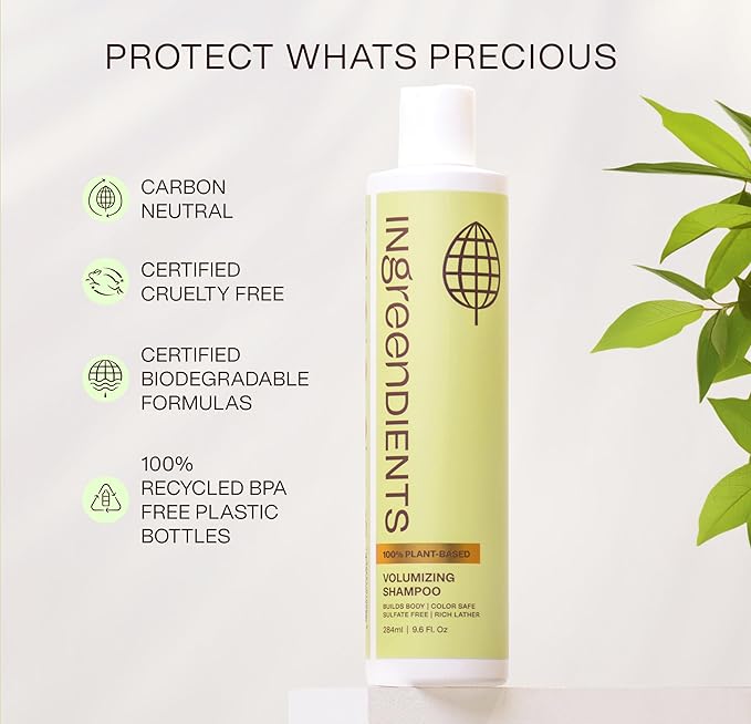 Ingreendients Non Toxic Vegan Volumizing Shampoo with Organic Ingredients For Fine Hair - Strengthening Barley Protein and Chia Seeds, Color Safe, Paraben & Gluten Free, Silicone & Sulfate Free