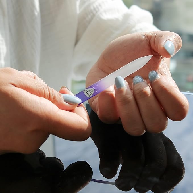 Bona Fide Beauty Glass Nail Files Kit in Purple- 3Pc Set Includes Glass Cuticle Pusher, Mini Travel Nail File, and Medium Glass File for Natural Nails